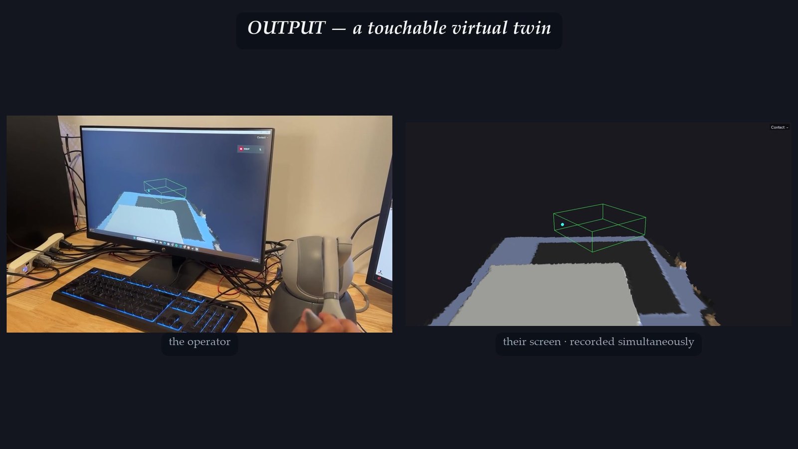 The operator explores the twin with the stylus while the renderer tracks the contact point